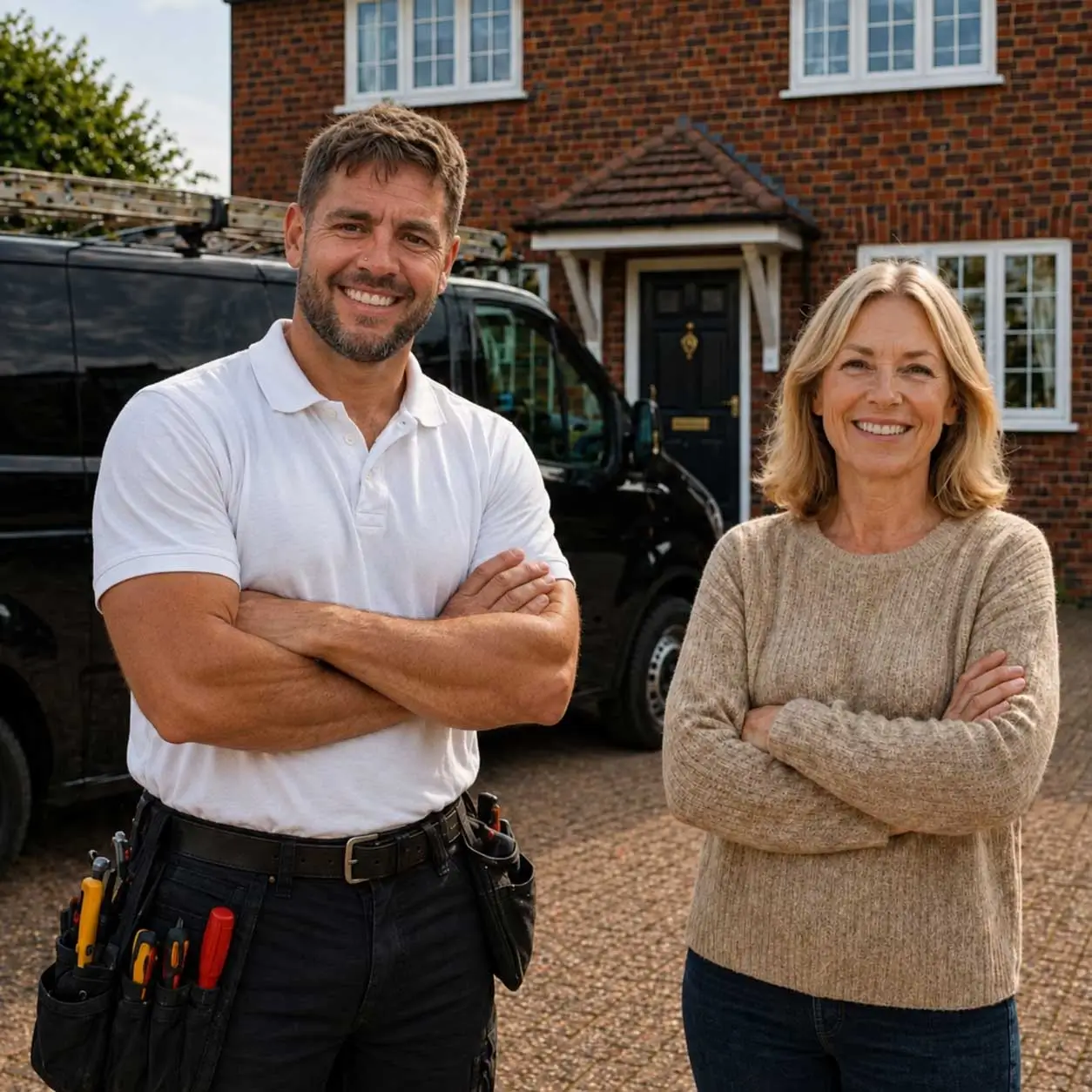 Customer and tradesperson standing outside a home