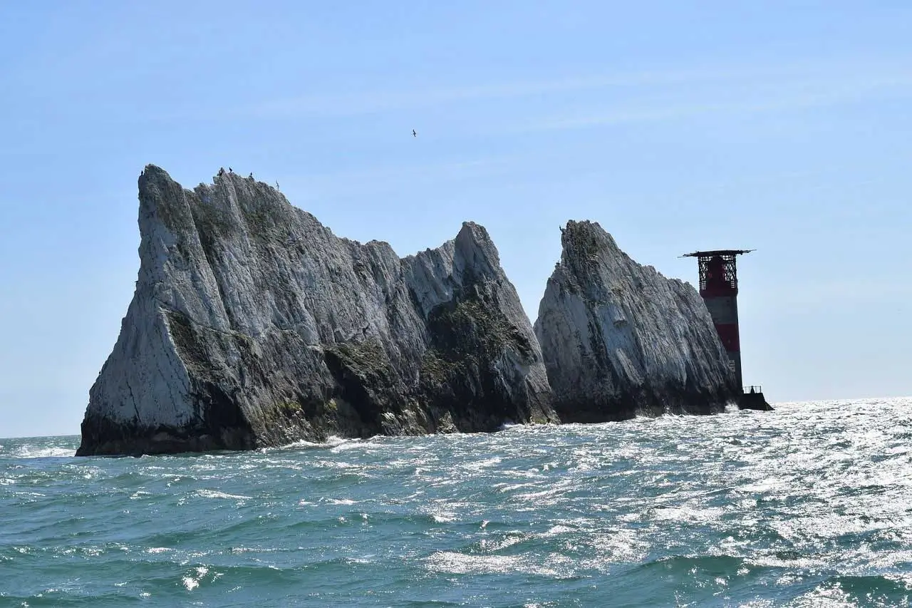 The Needles chalk stacks and lighthouse off the Isle of Wight coast