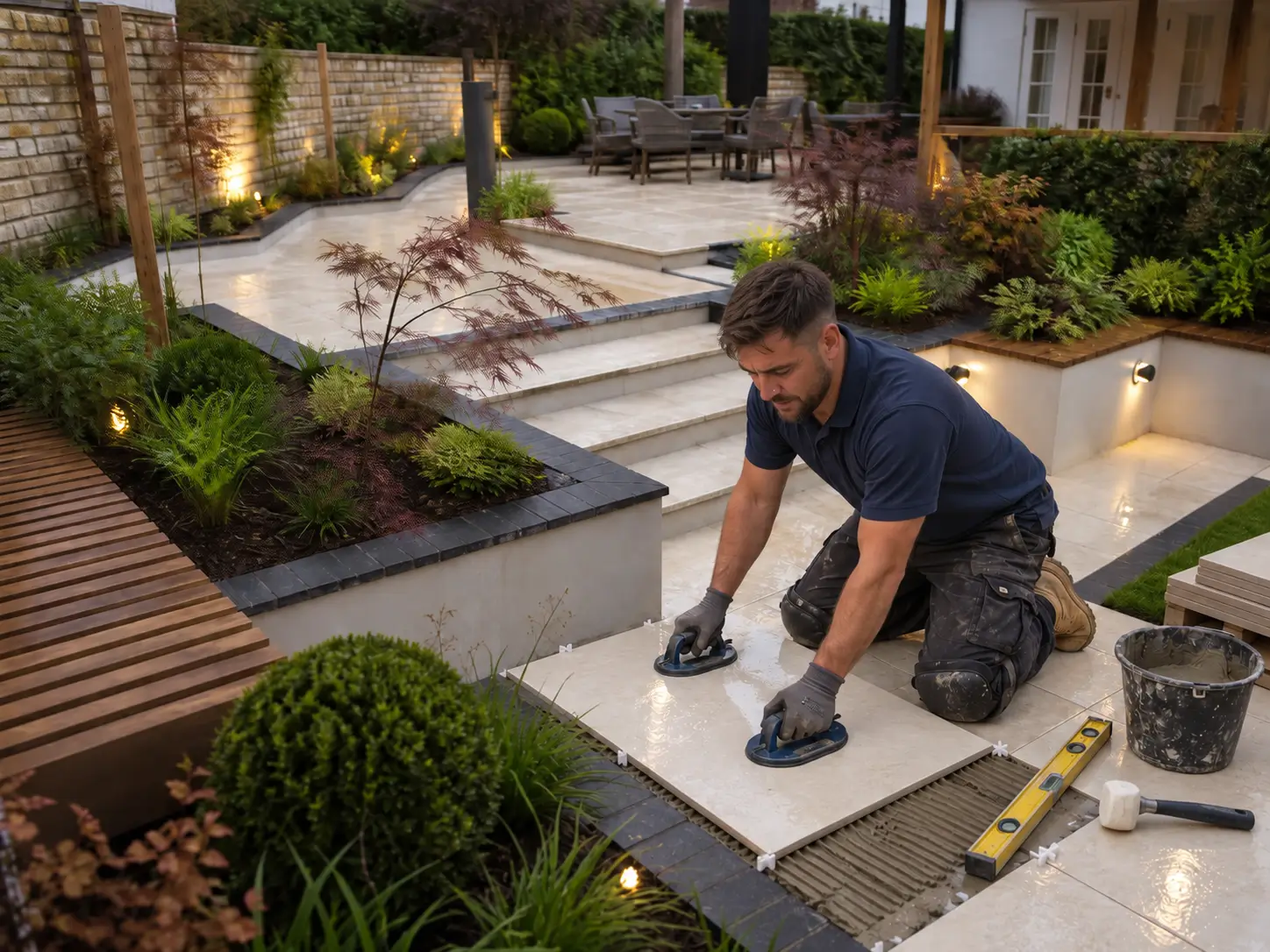 Illustrative landscaped garden with stone steps and planting