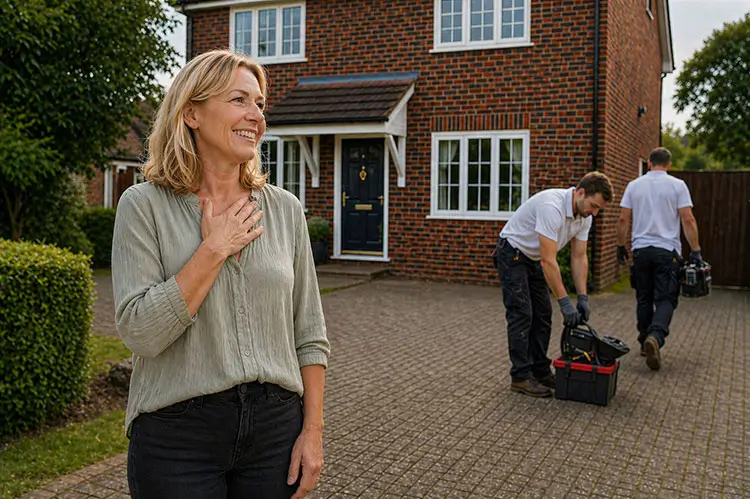 Relieved homeowner outside after agreeing the project start