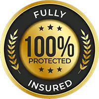 Gold and black badge reading fully insured and 100 percent protected